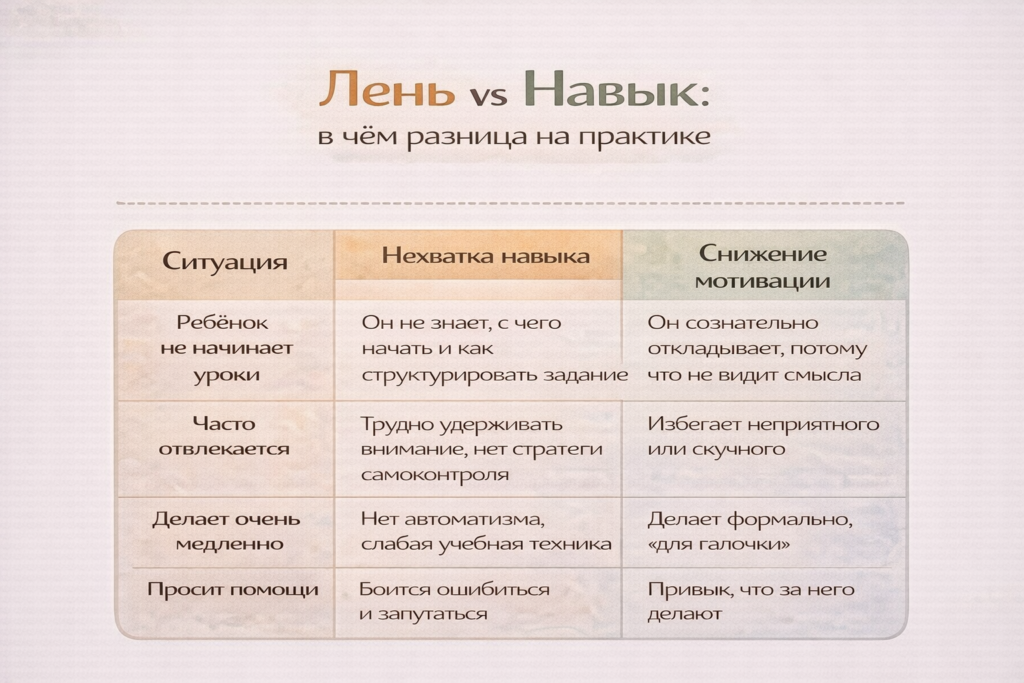 Таблица лень или нехватка навыка у ребёнка 8–12 лет