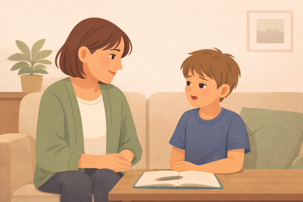Родитель и ребёнок 8–9 лет спокойно разговаривают дома, атмосфера доверия и поддержки.