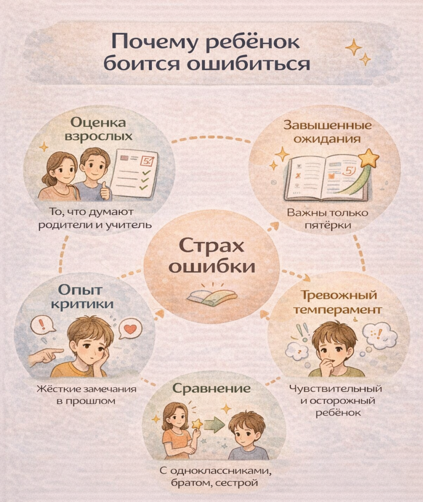 Инфографика с причинами страха ошибки у школьника 9–13 лет