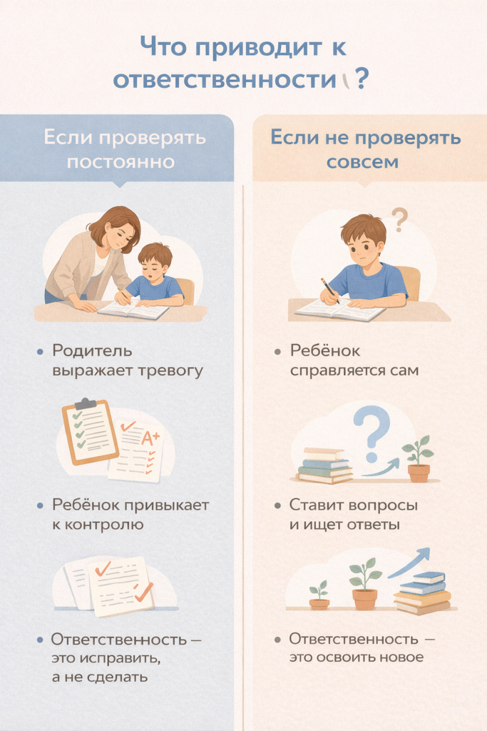 Инфографика сравнение: если постоянно проверять уроки и если не проверять домашнее задание